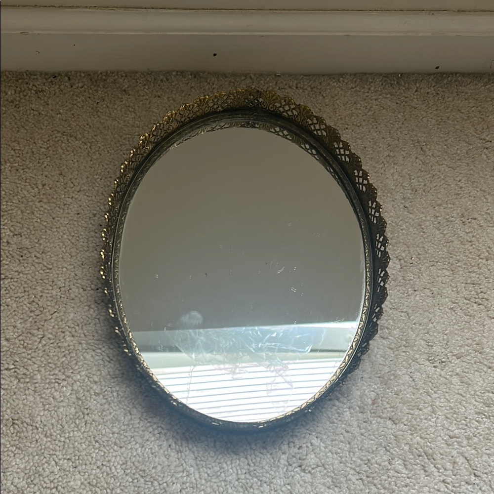 Vintage MCM 12x9 Gold Filigree Oval Mirror Vanity Tray Hollywood Regency Decor